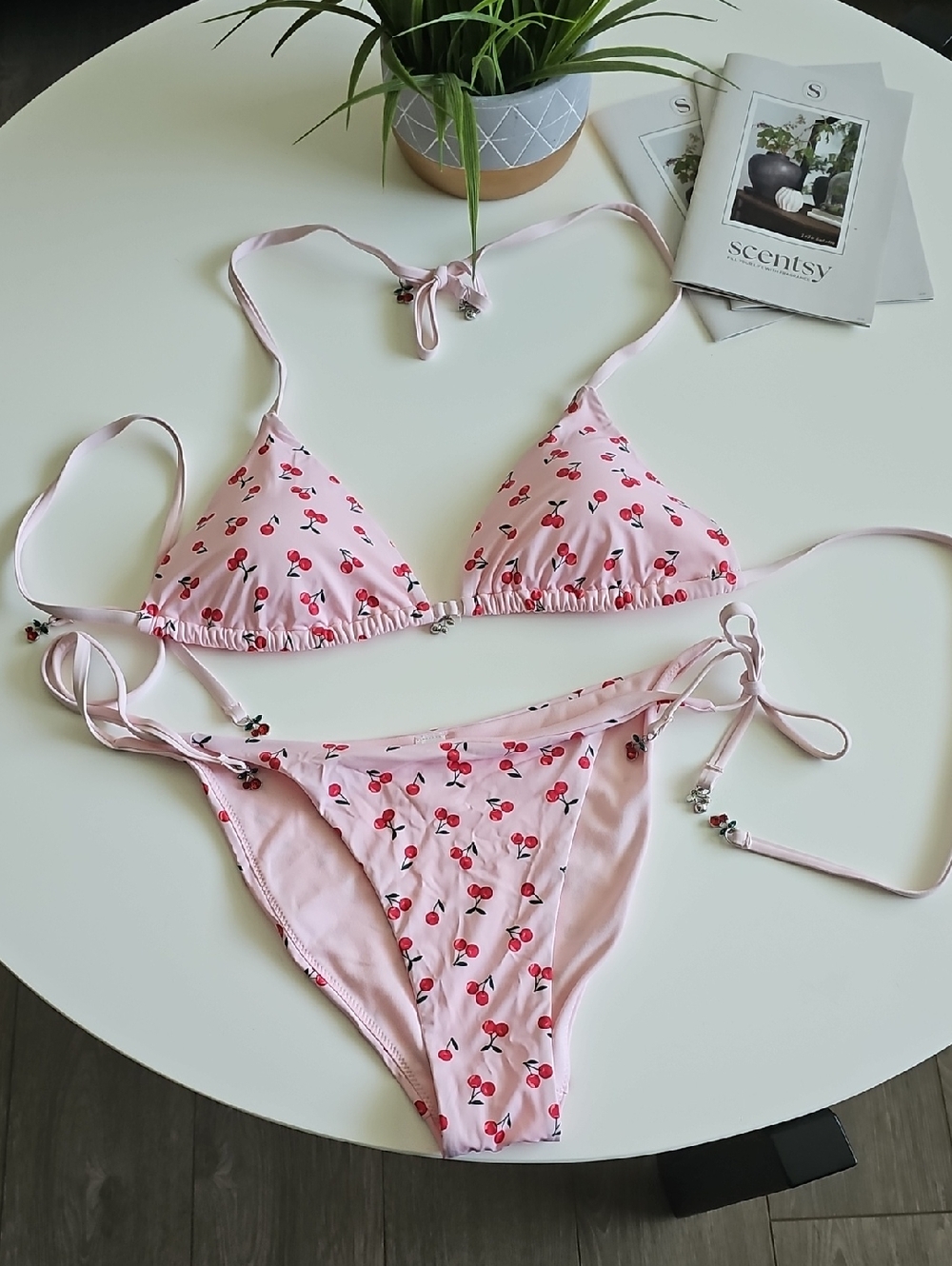 Censored Pink Cherry Print String Bikini Top & Bottom Set
